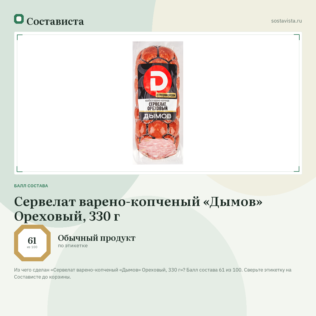 Сервелат варено-копченый «Дымов» Ореховый, 330 г: балл состава 61 из 100 — Состависта