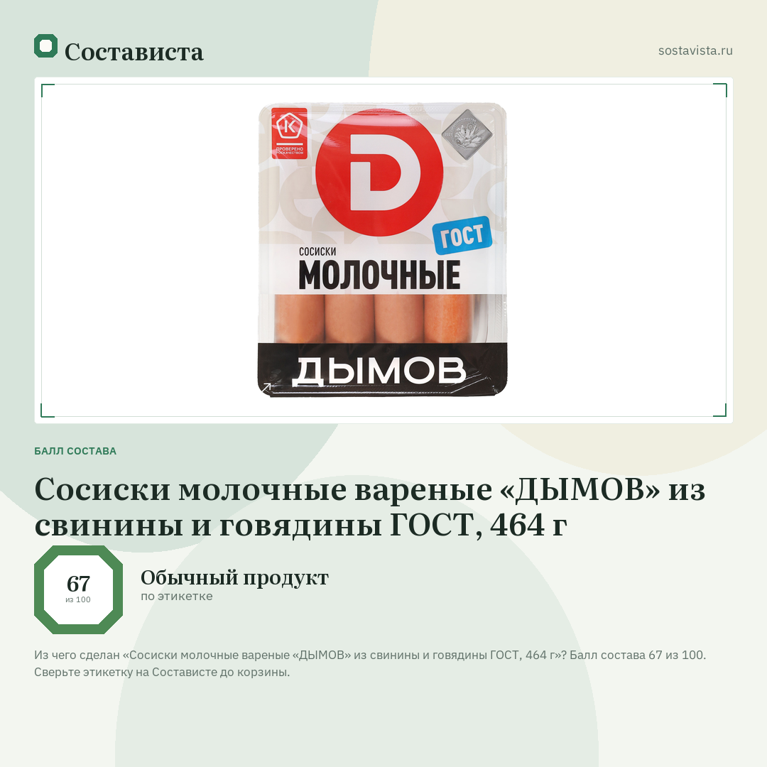 Сосиски молочные вареные «ДЫМОВ» из свинины и говядины ГОСТ, 464 г: балл состава 67 из 100 — Состависта