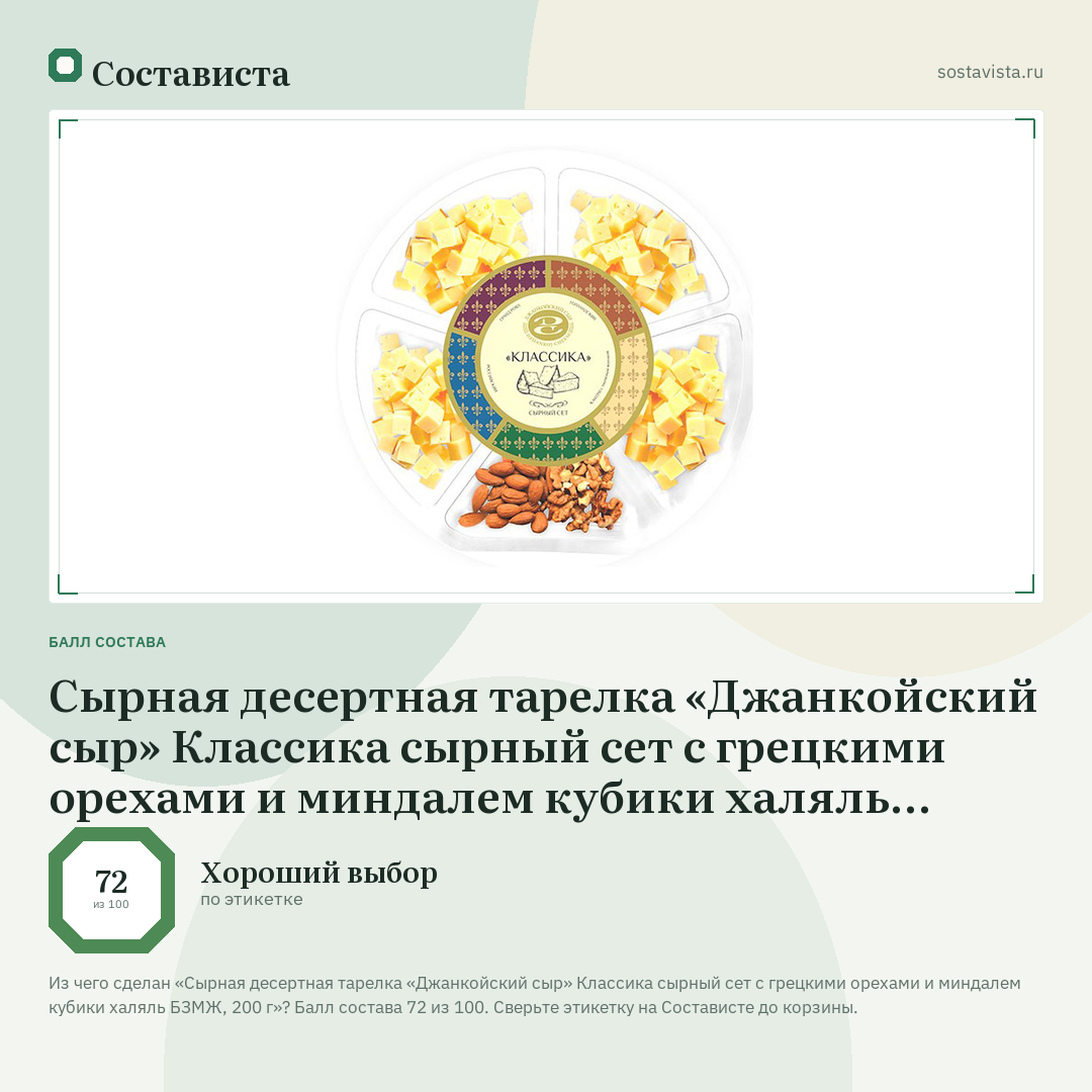 Сырная десертная тарелка «Джанкойский сыр» Классика сырный сет с грецкими орехами и миндалем кубики халяль БЗМЖ, 200 г: балл состава 72 из 100 — Состависта
