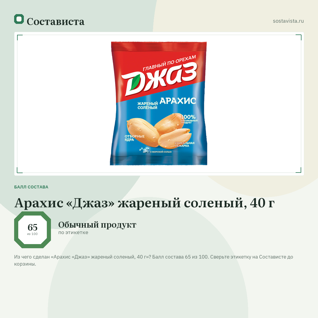 Арахис «Джаз» жареный соленый, 40 г: балл состава 65 из 100 — Состависта