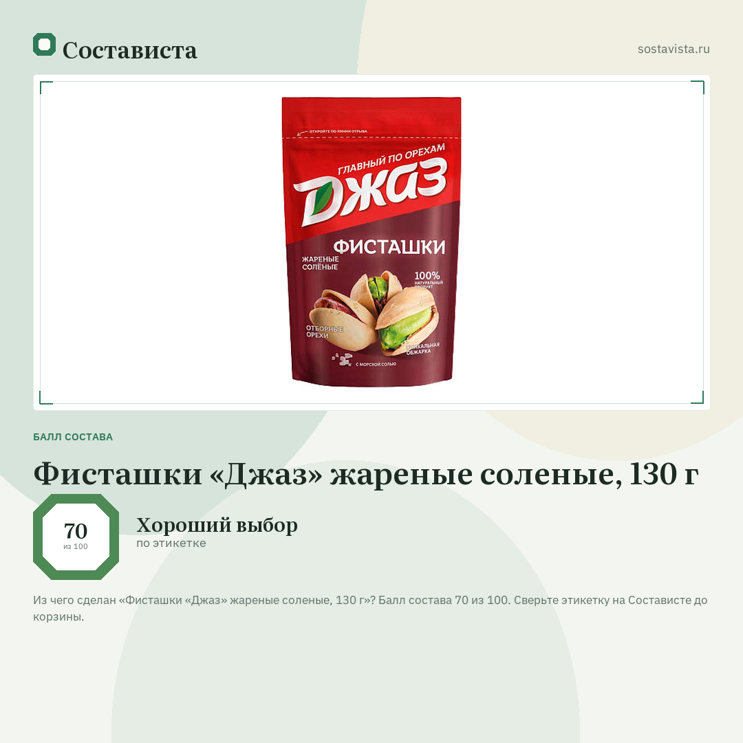 Фисташки «Джаз» жареные соленые, 130 г: балл состава 70 из 100 — Состависта