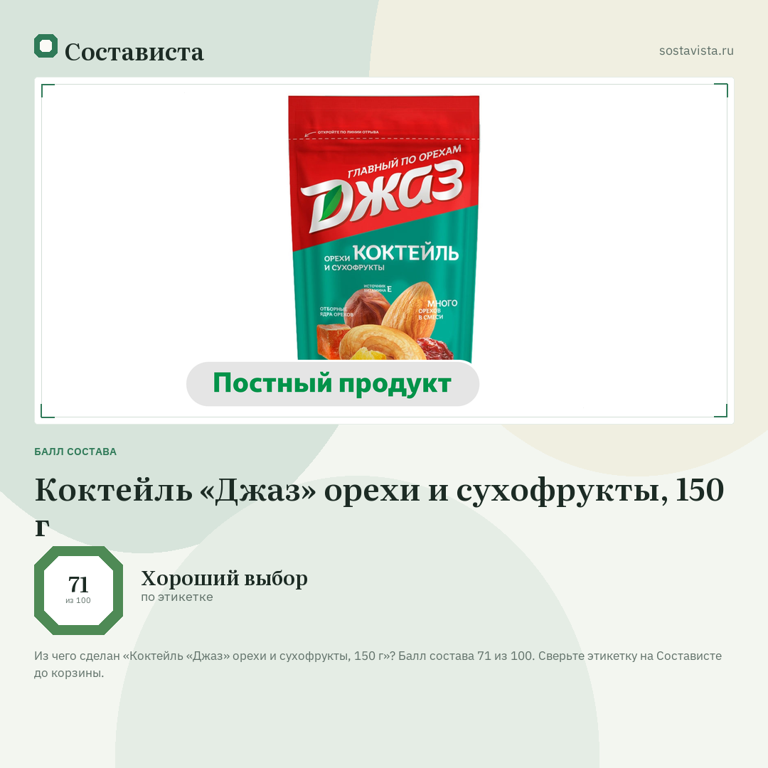 Коктейль «Джаз» орехи и сухофрукты, 150 г: балл состава 71 из 100 — Состависта