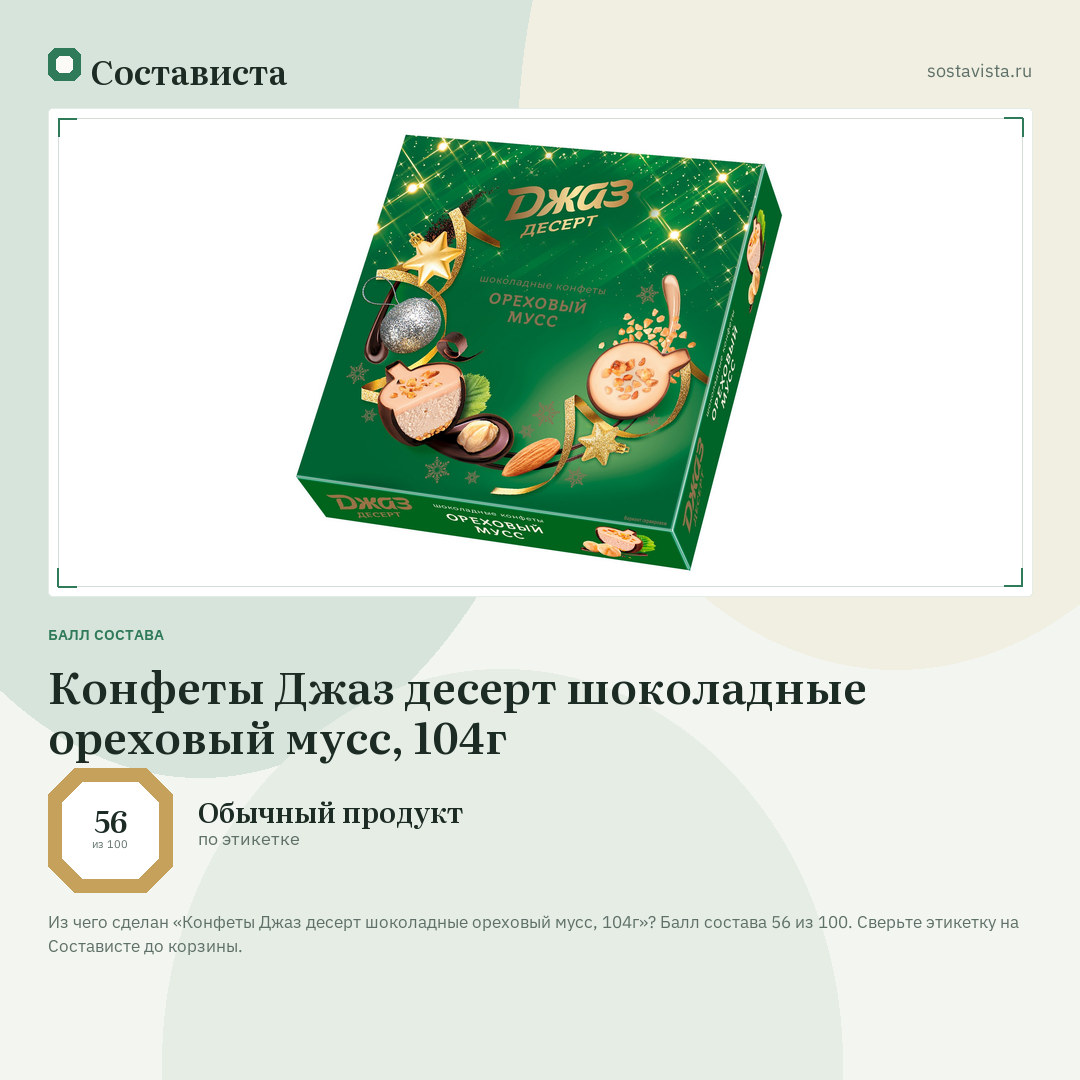 Конфеты Джаз десерт шоколадные ореховый мусс, 104г: балл состава 56 из 100 — Состависта
