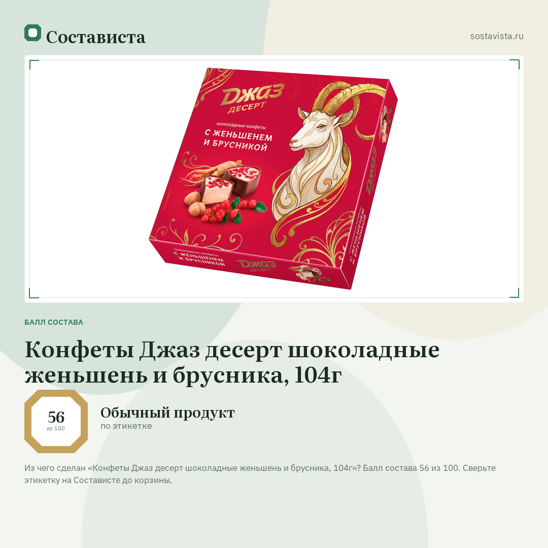 Конфеты Джаз десерт шоколадные женьшень и брусника, 104г: балл состава 56 из 100 — Состависта