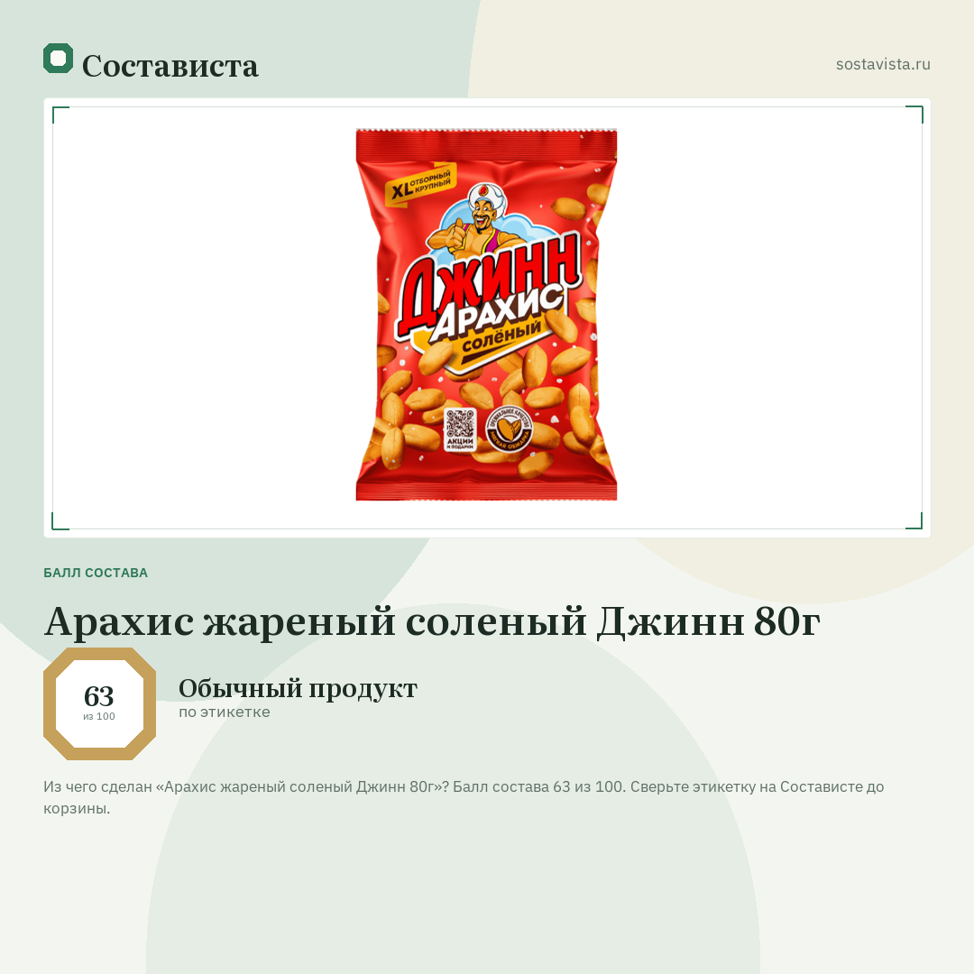 Арахис жареный соленый Джинн 80г: балл состава 63 из 100 — Состависта