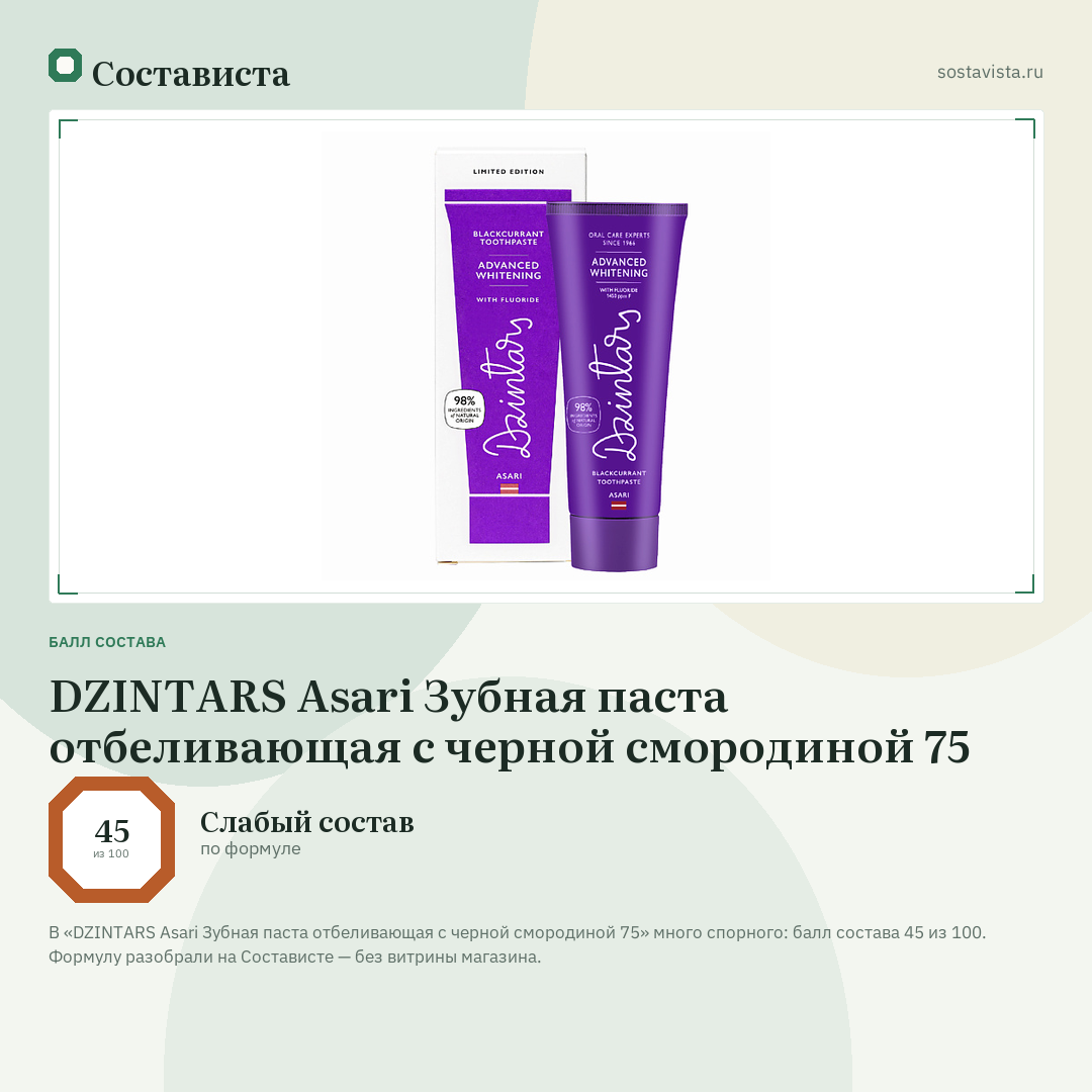 DZINTARS Asari Зубная паста отбеливающая с черной смородиной 75: балл состава 45 из 100 — Состависта