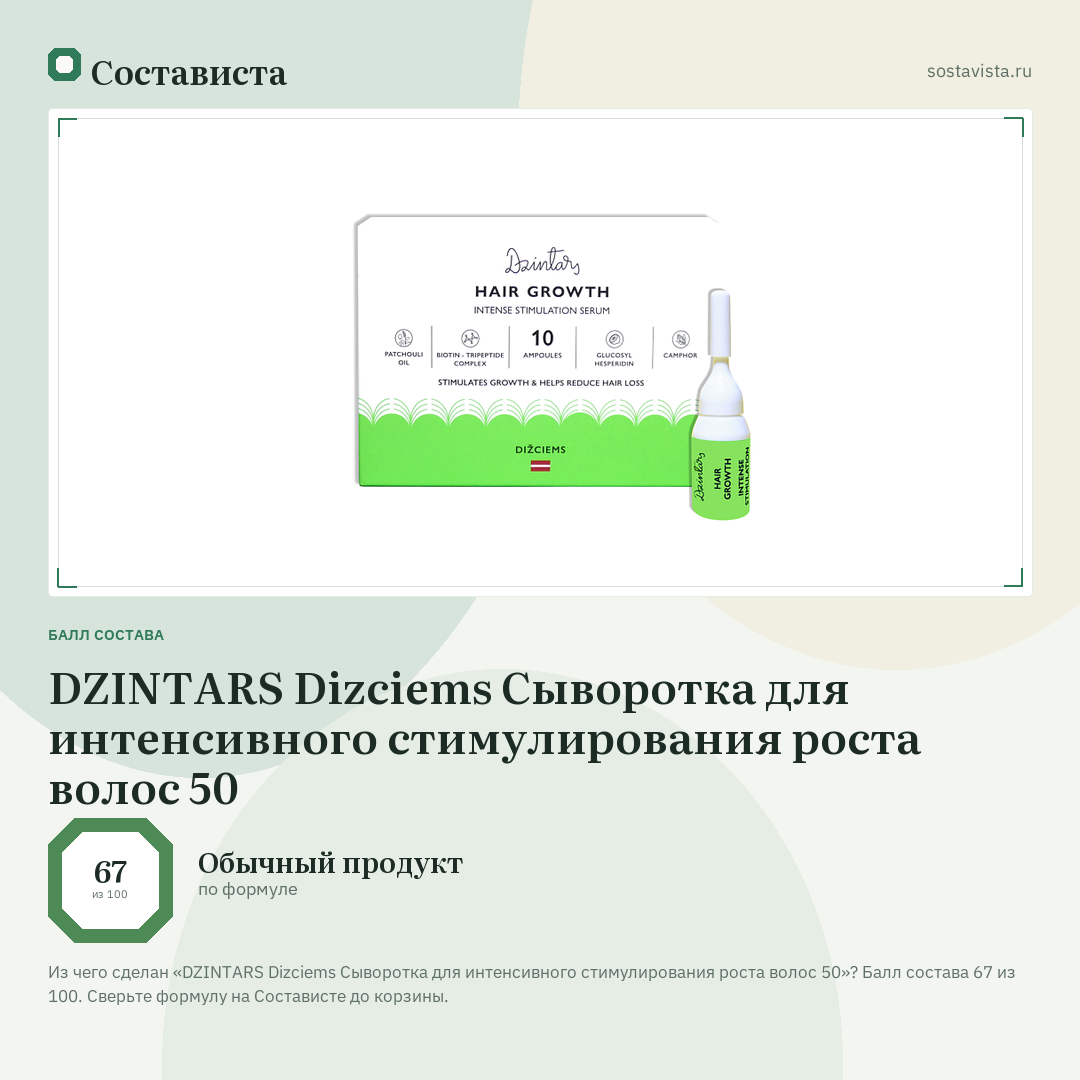 DZINTARS Dizciems Сыворотка для интенсивного стимулирования роста волос 50: балл состава 67 из 100 — Состависта