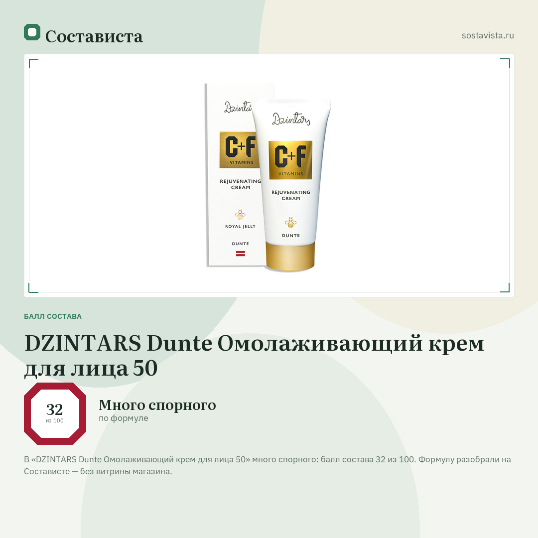 DZINTARS Dunte Омолаживающий крем для лица 50: балл состава 32 из 100 — Состависта