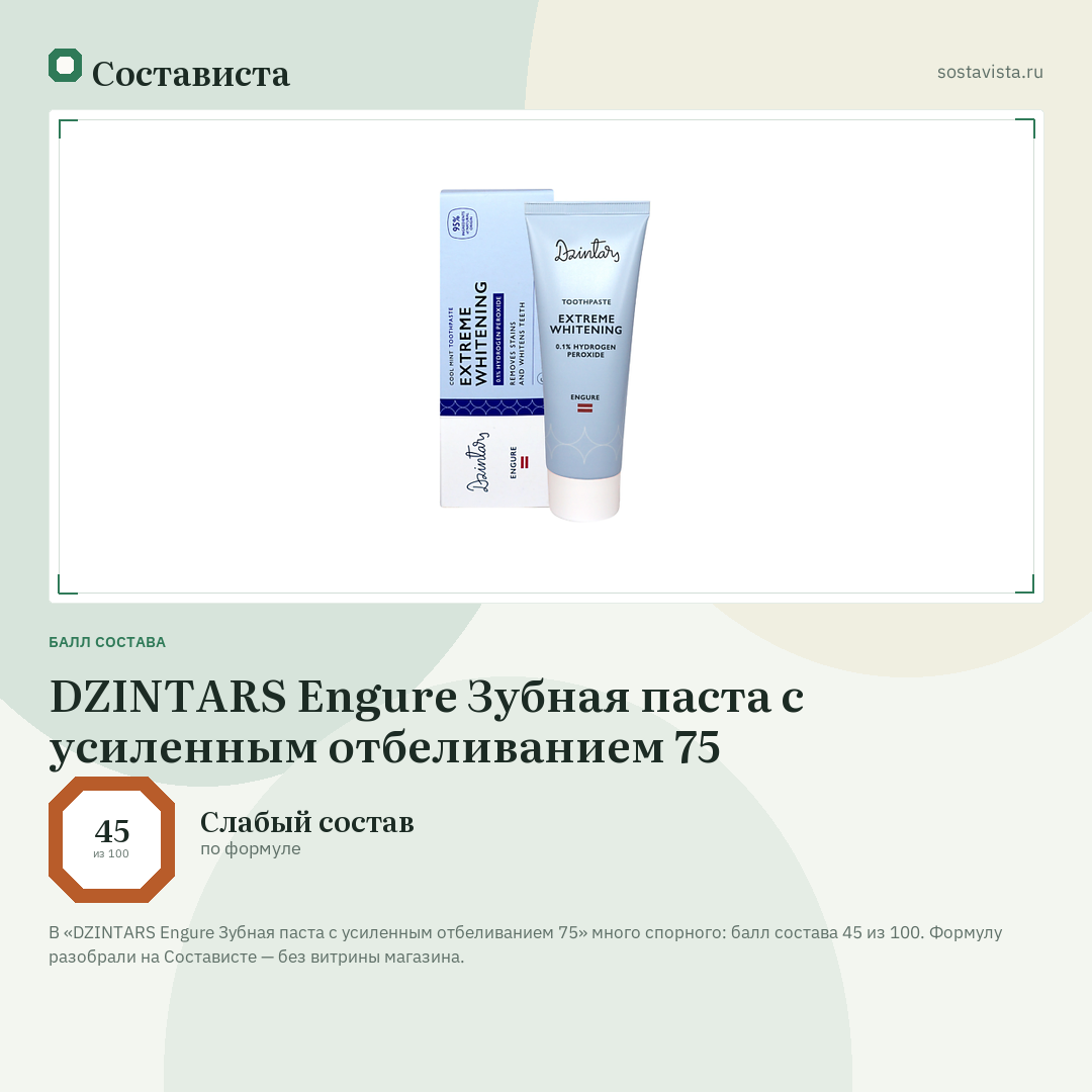 DZINTARS Engure Зубная паста с усиленным отбеливанием 75: балл состава 45 из 100 — Состависта