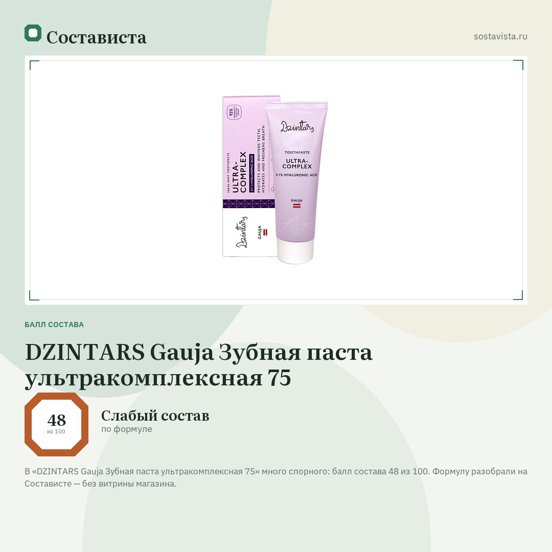 DZINTARS Gauja Зубная паста ультракомплексная 75: балл состава 48 из 100 — Состависта