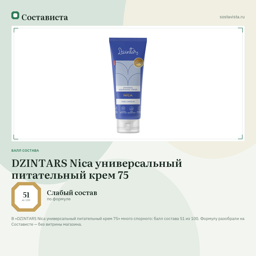 DZINTARS Nica универсальный питательный крем 75: балл состава 51 из 100 — Состависта