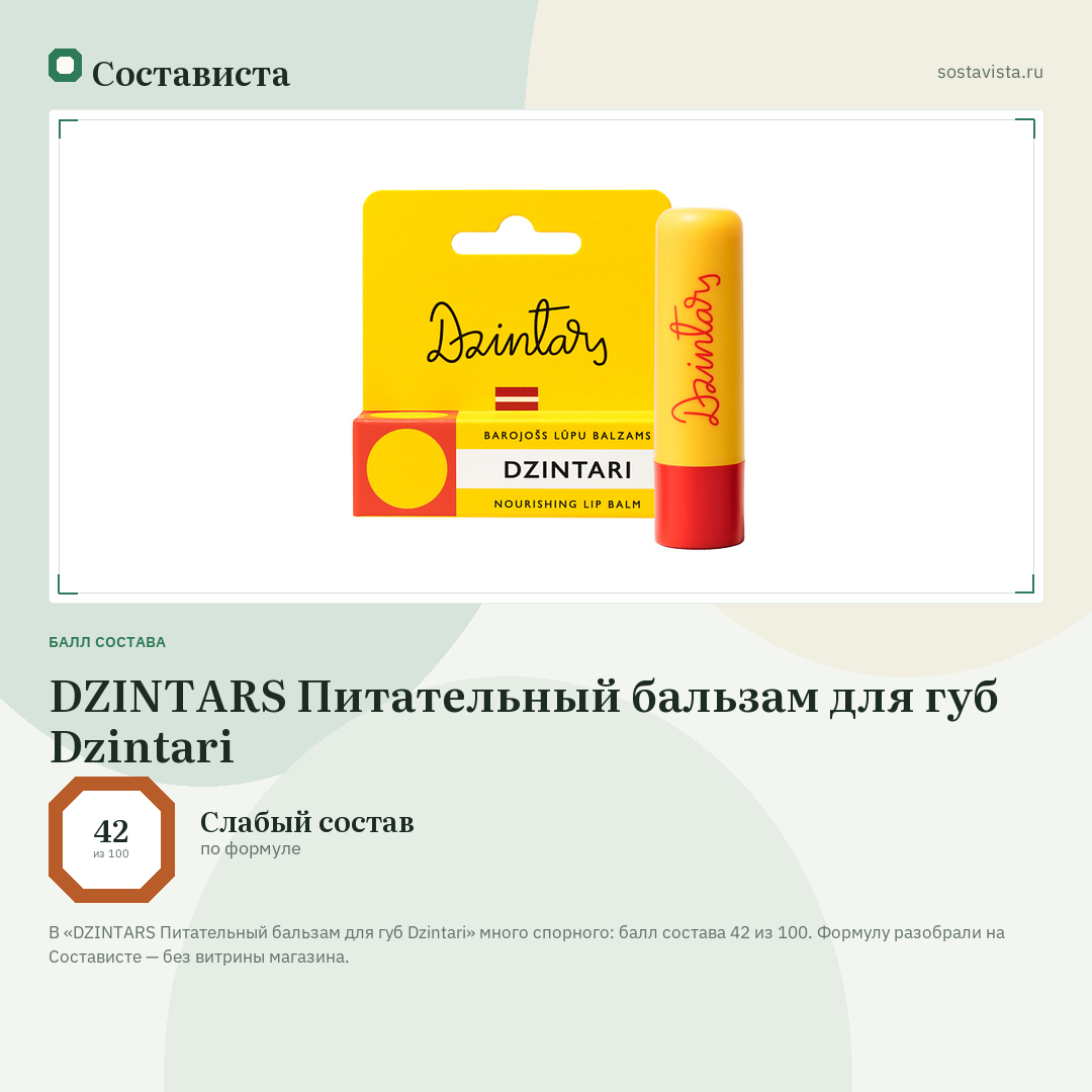 DZINTARS Питательный бальзам для губ Dzintari: балл состава 42 из 100 — Состависта