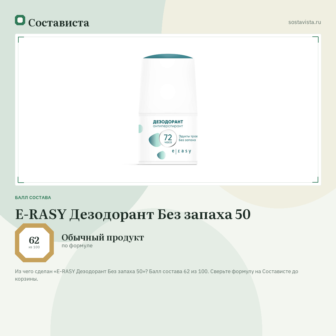 E-RASY Дезодорант Без запаха 50: балл состава 62 из 100 — Состависта