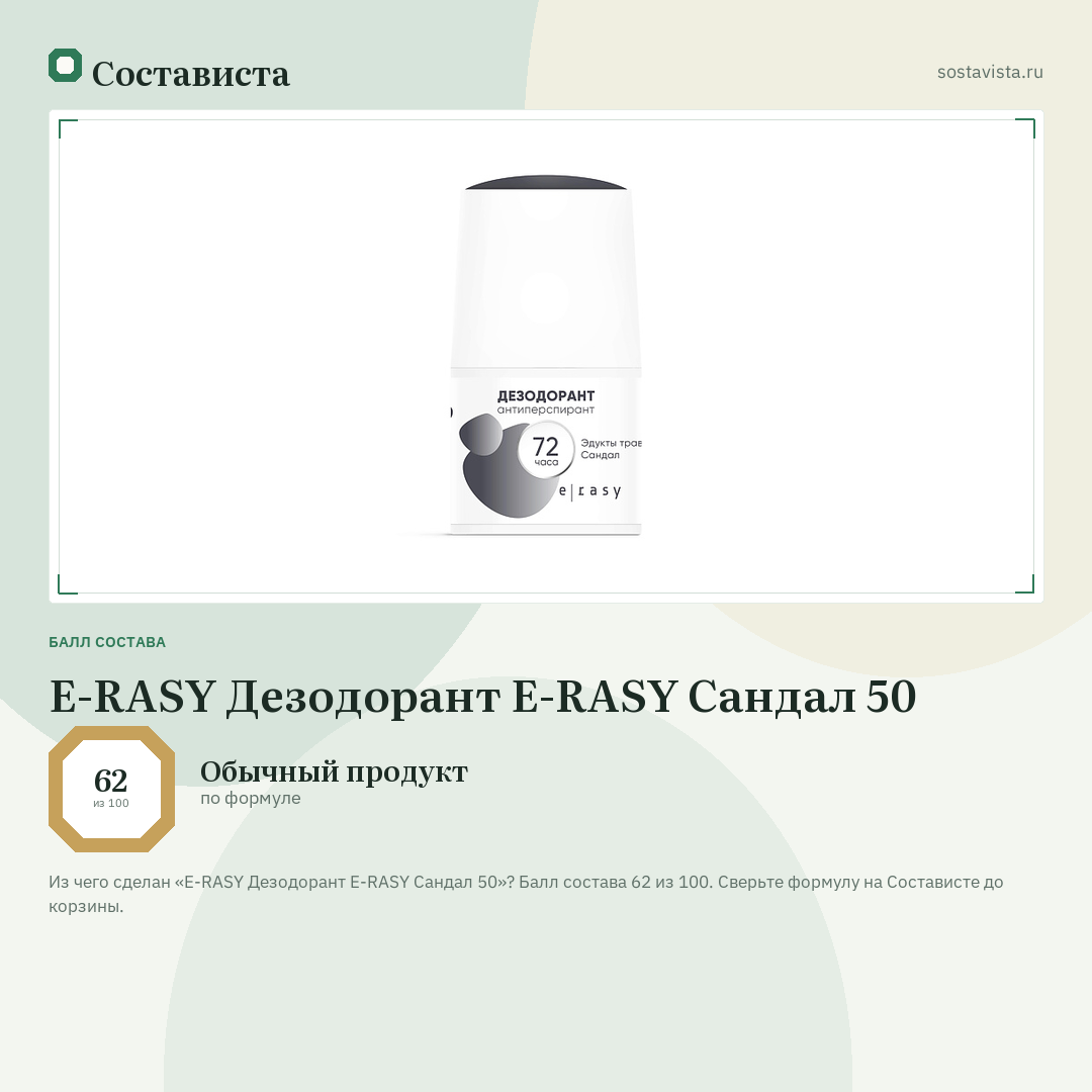 E-RASY Дезодорант E-RASY Сандал 50: балл состава 62 из 100 — Состависта