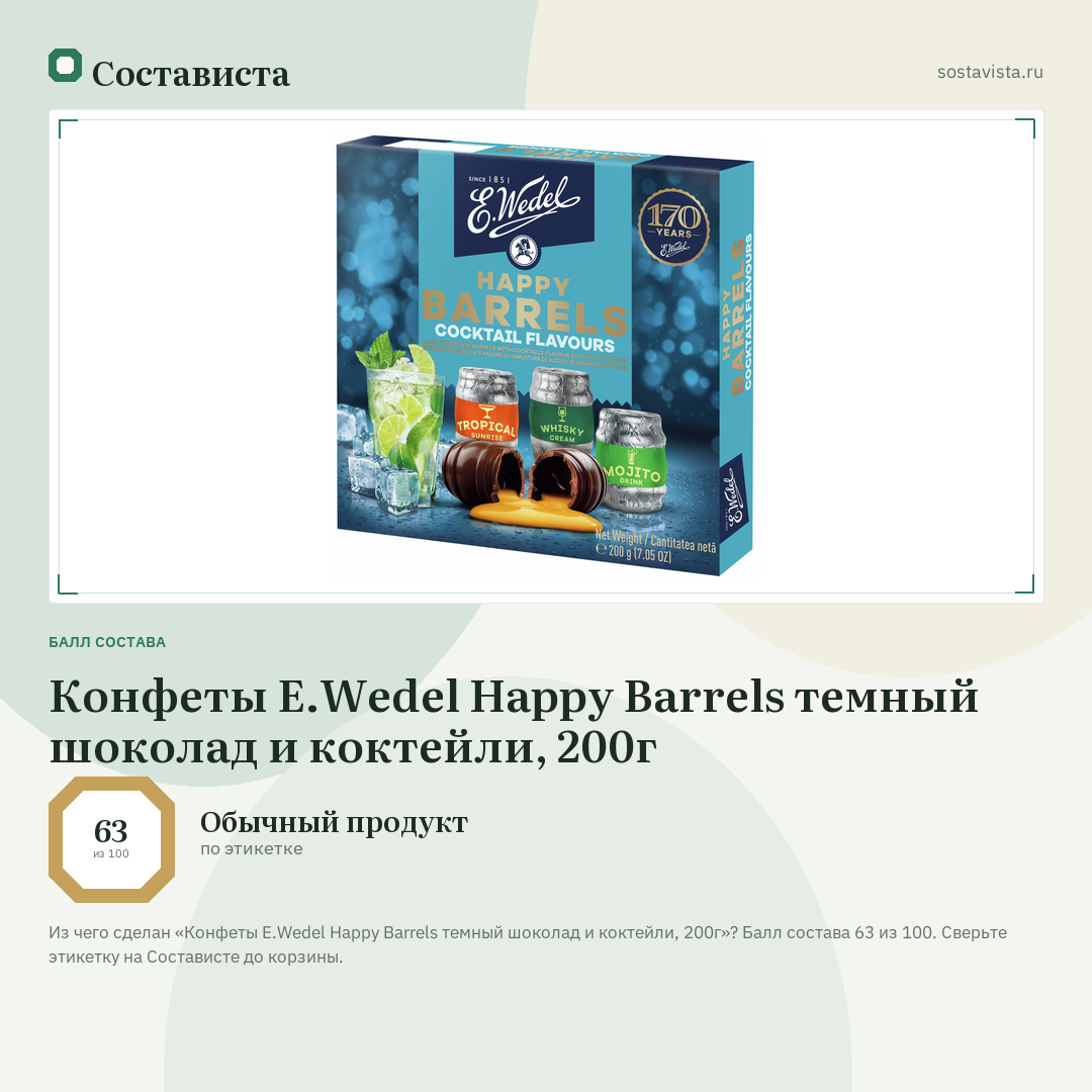 Конфеты E.Wedel Happy Barrels темный шоколад и коктейли, 200г: балл состава 63 из 100 — Состависта