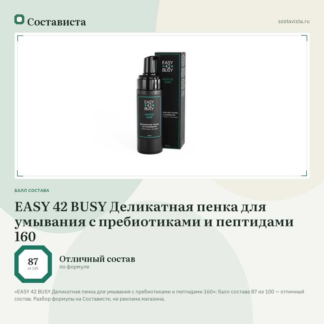 EASY 42 BUSY Деликатная пенка для умывания с пребиотиками и пептидами 160: балл состава 87 из 100 — Состависта