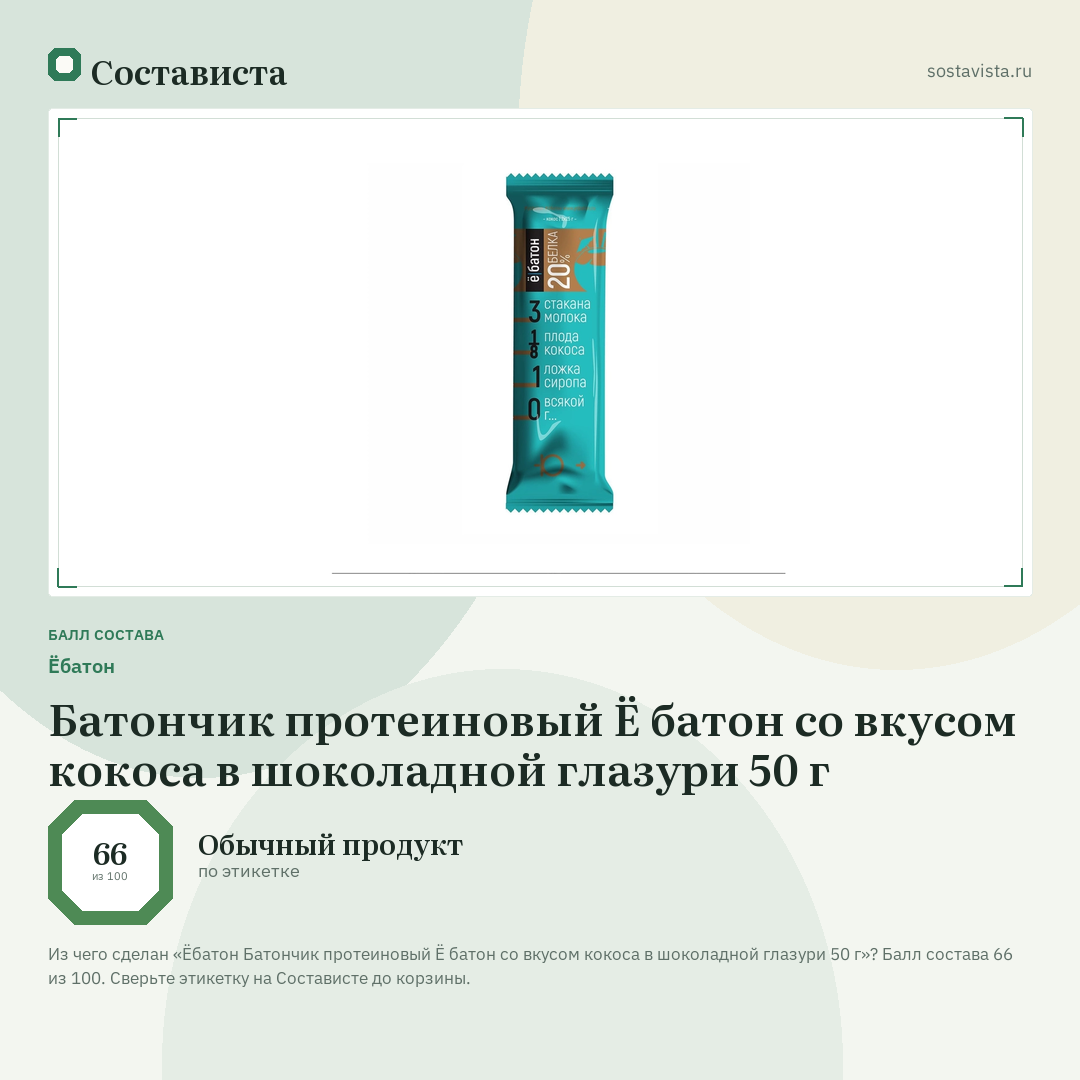 Ёбатон Батончик протеиновый Ё батон со вкусом кокоса в шоколадной глазури 50 г: балл состава 66 из 100 — Состависта