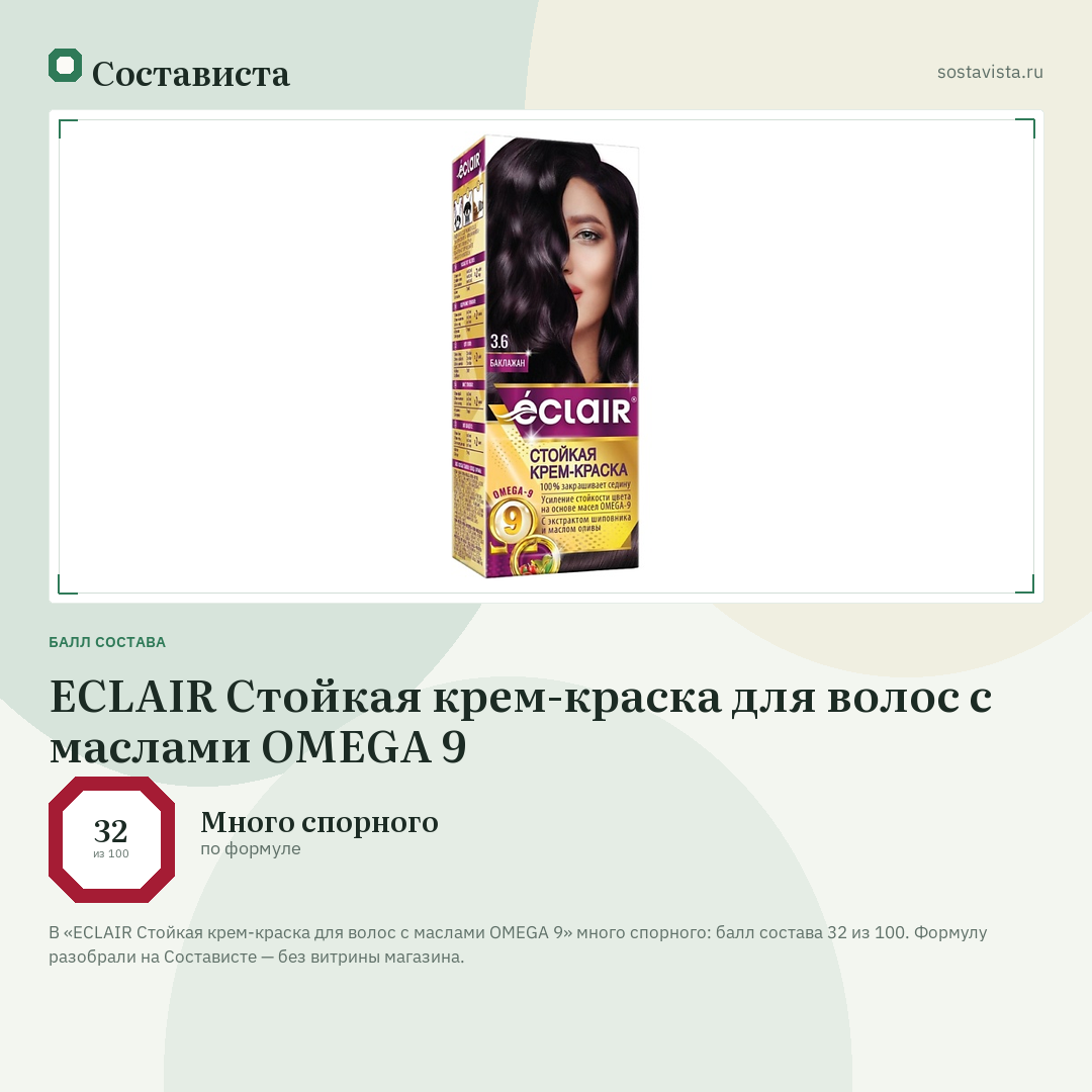 ECLAIR Стойкая крем-краска для волос с маслами OMEGA 9: балл состава 32 из 100 — Состависта