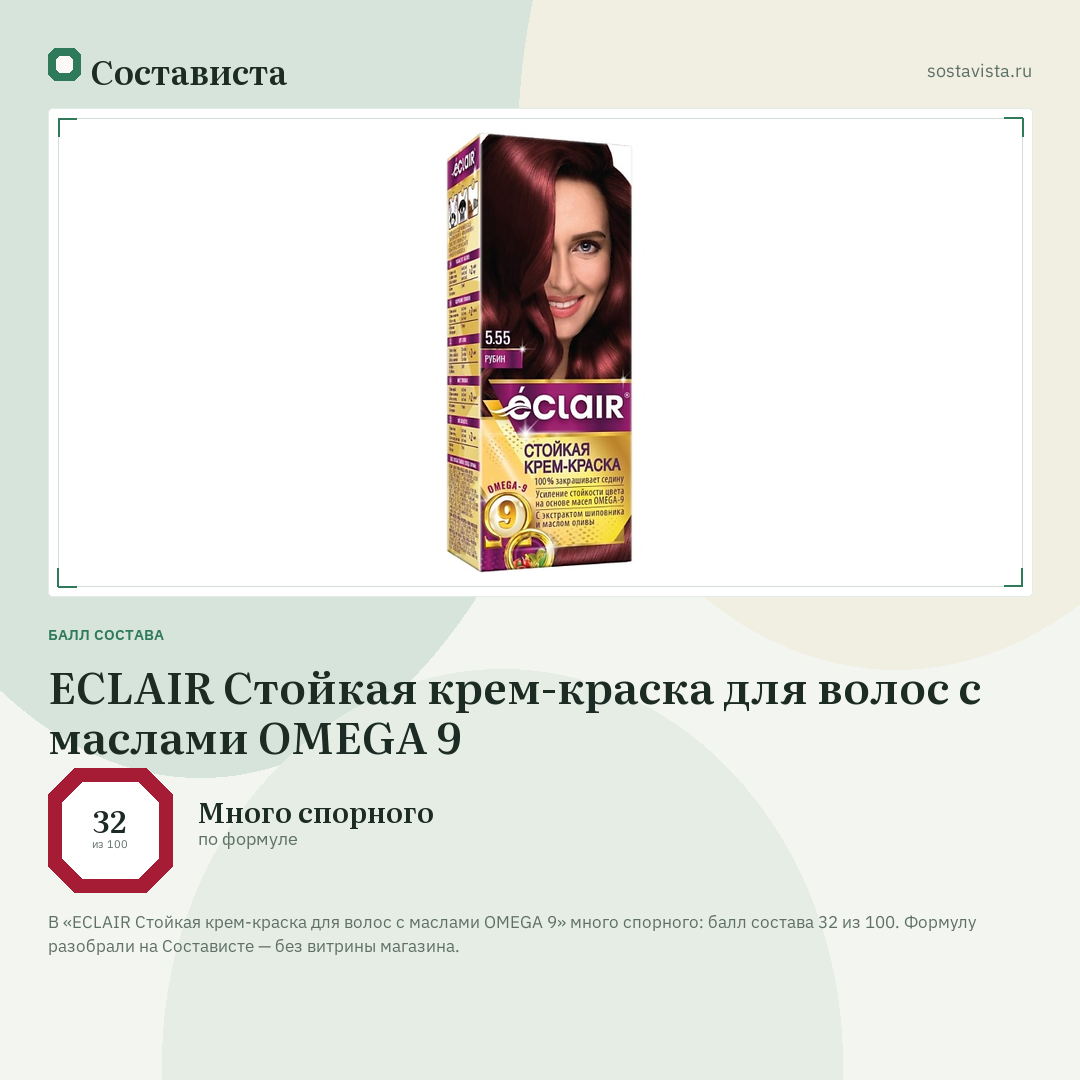 ECLAIR Стойкая крем-краска для волос с маслами OMEGA 9: балл состава 32 из 100 — Состависта