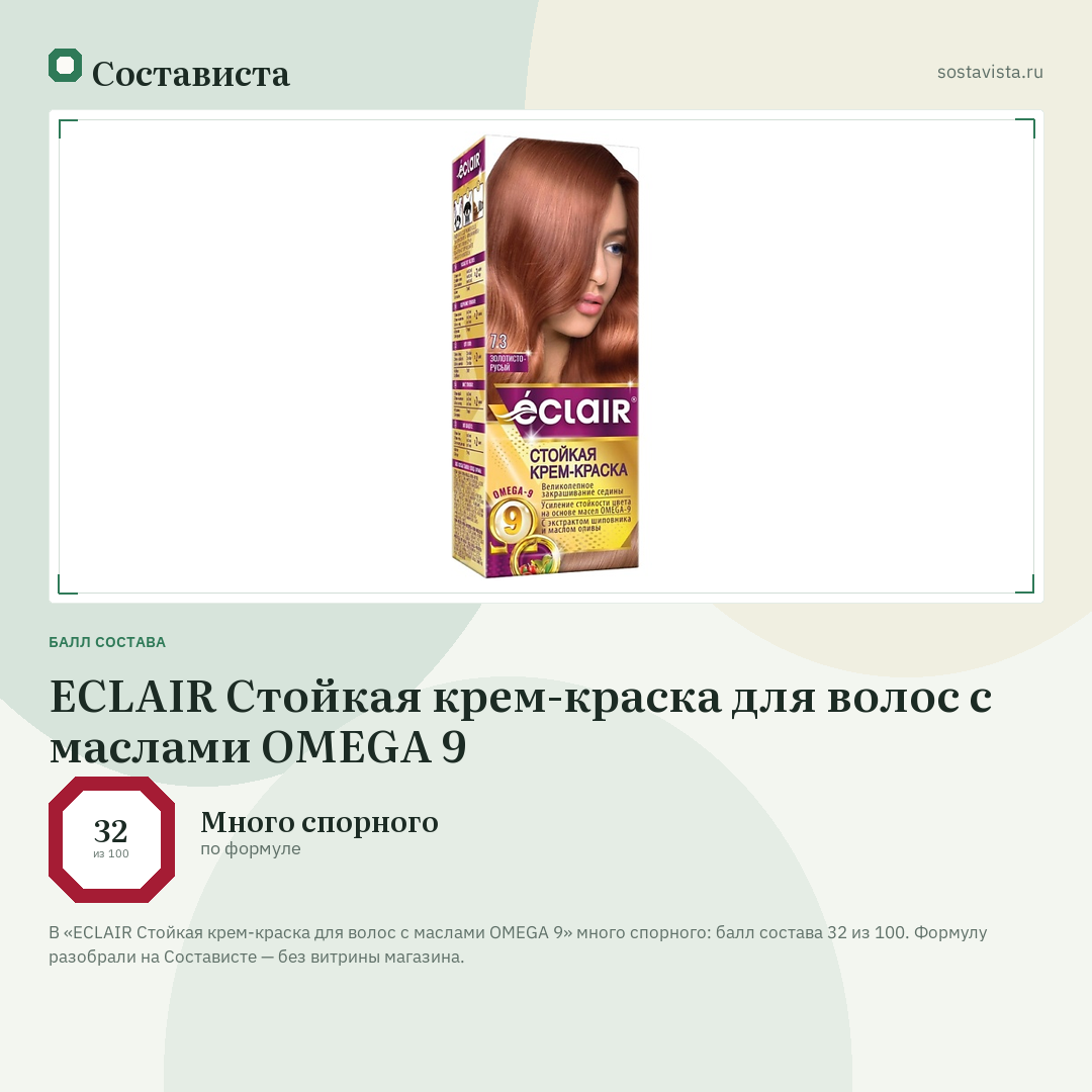 ECLAIR Стойкая крем-краска для волос с маслами OMEGA 9: балл состава 32 из 100 — Состависта