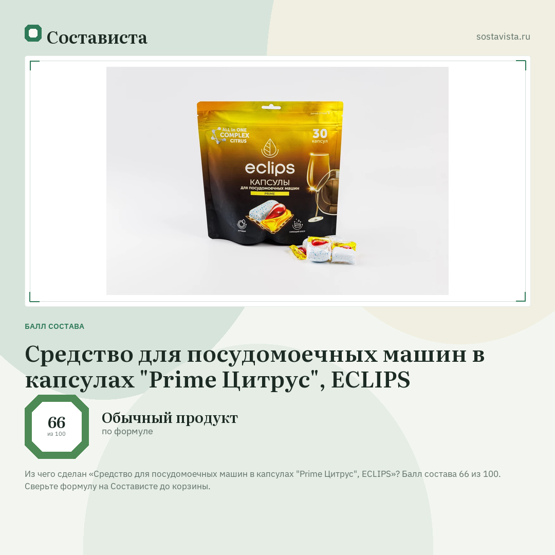 Средство для посудомоечных машин в капсулах "Prime Цитрус", ECLIPS: балл состава 66 из 100 — Состависта