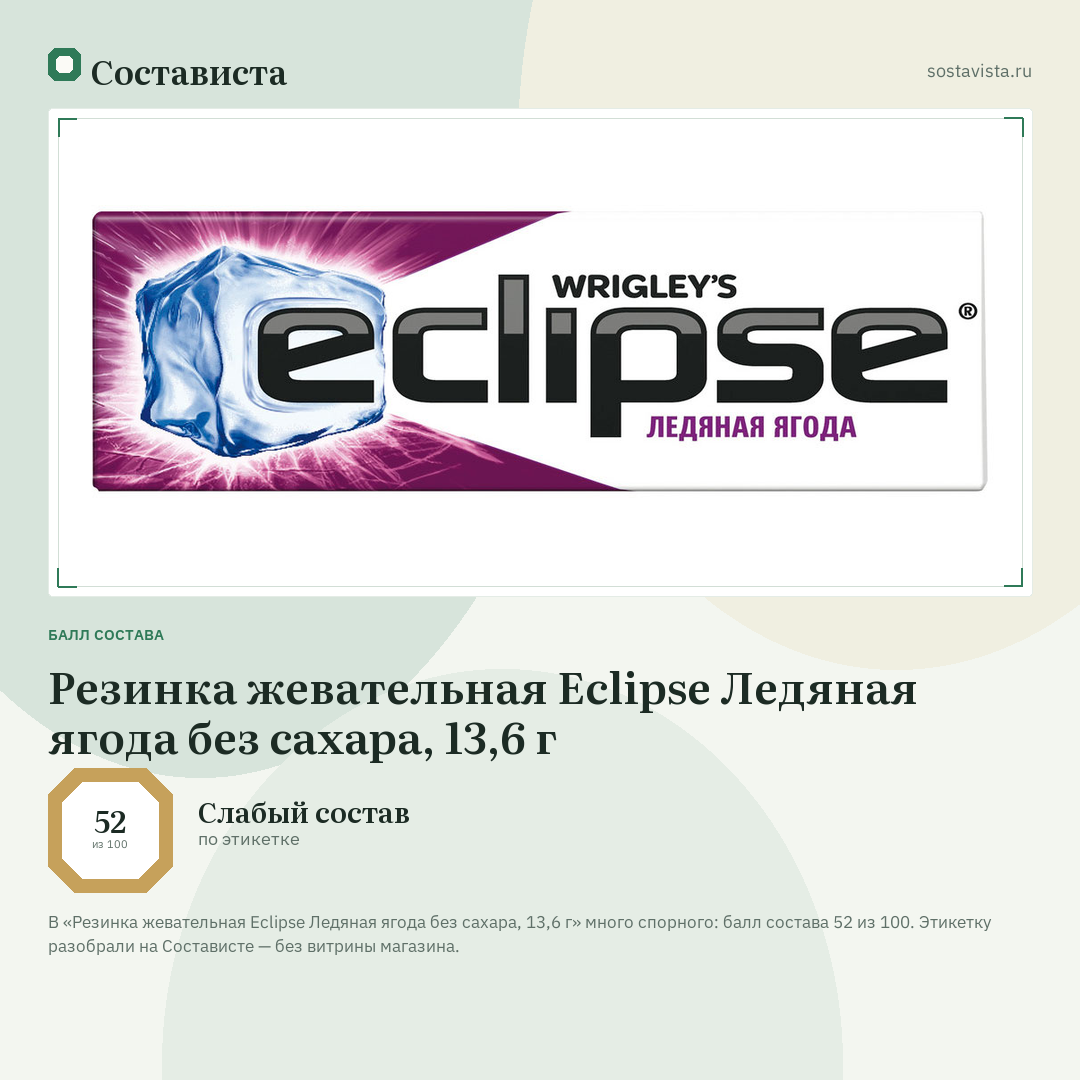Резинка жевательная Eclipse Ледяная ягода без сахара, 13,6 г: балл состава 52 из 100 — Состависта