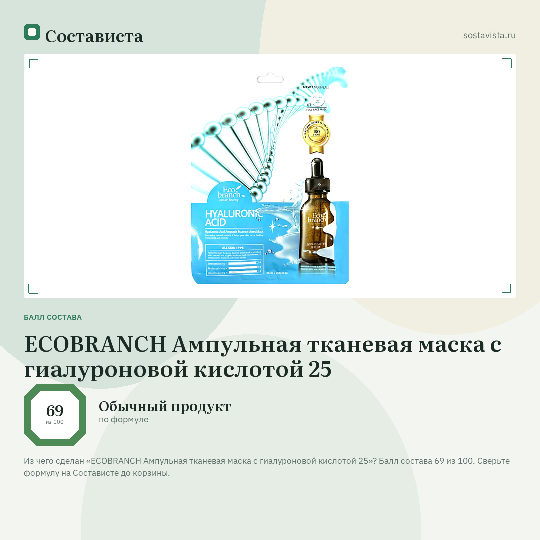 ECOBRANCH Ампульная тканевая маска с гиалуроновой кислотой 25: балл состава 69 из 100 — Состависта