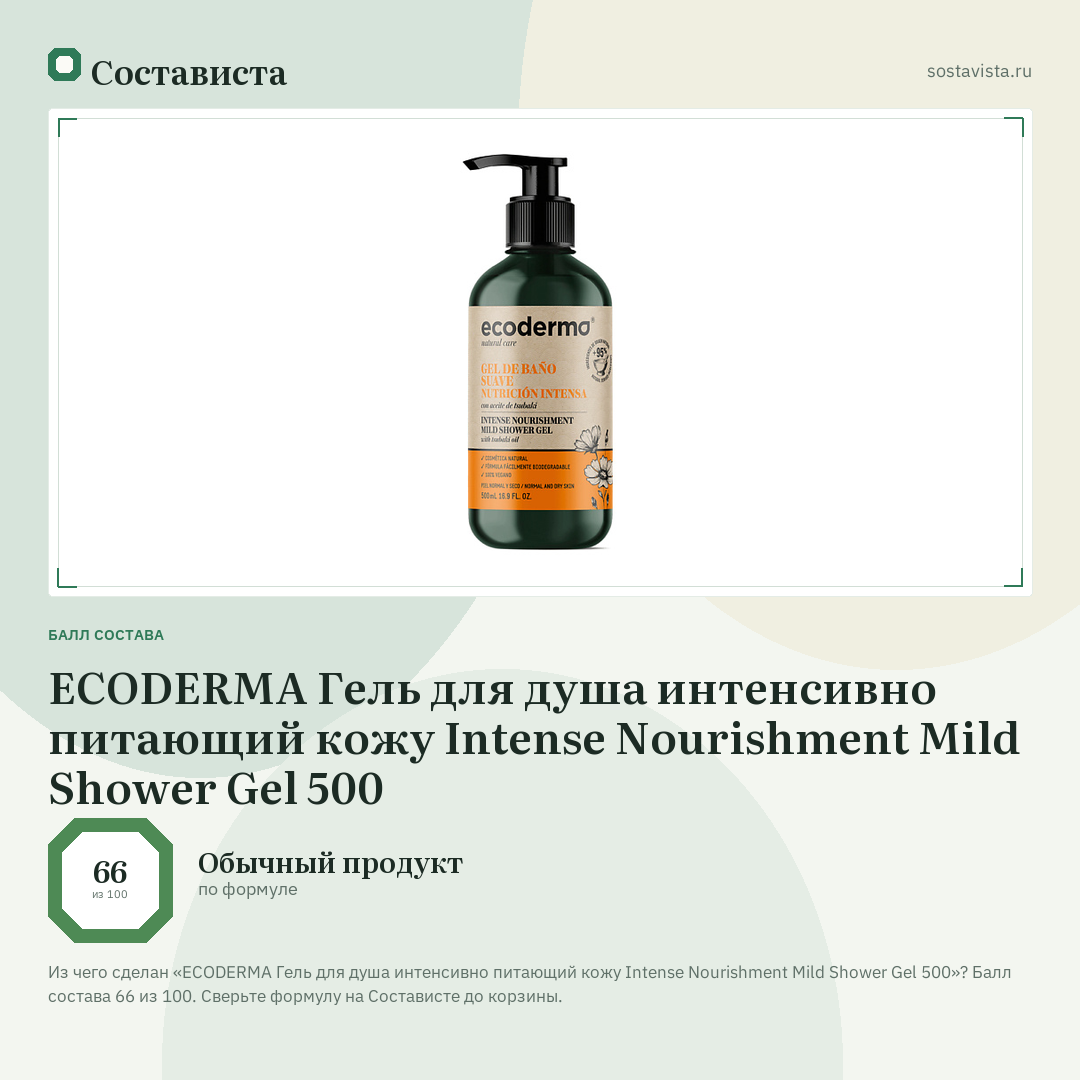 ECODERMA Гель для душа интенсивно питающий кожу Intense Nourishment Mild Shower Gel 500: балл состава 66 из 100 — Состависта