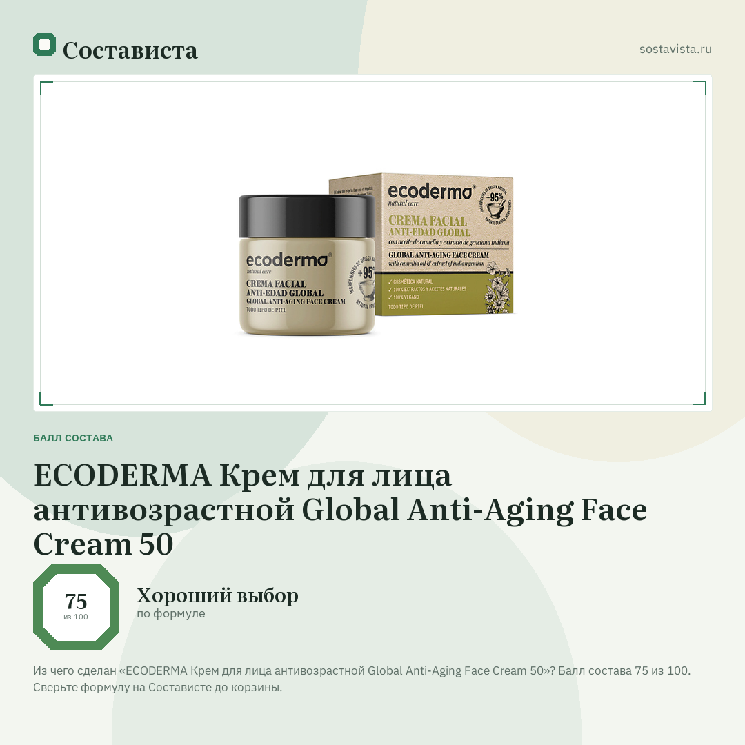 ECODERMA Крем для лица антивозрастной Global Anti-Aging Face Cream 50: балл состава 75 из 100 — Состависта