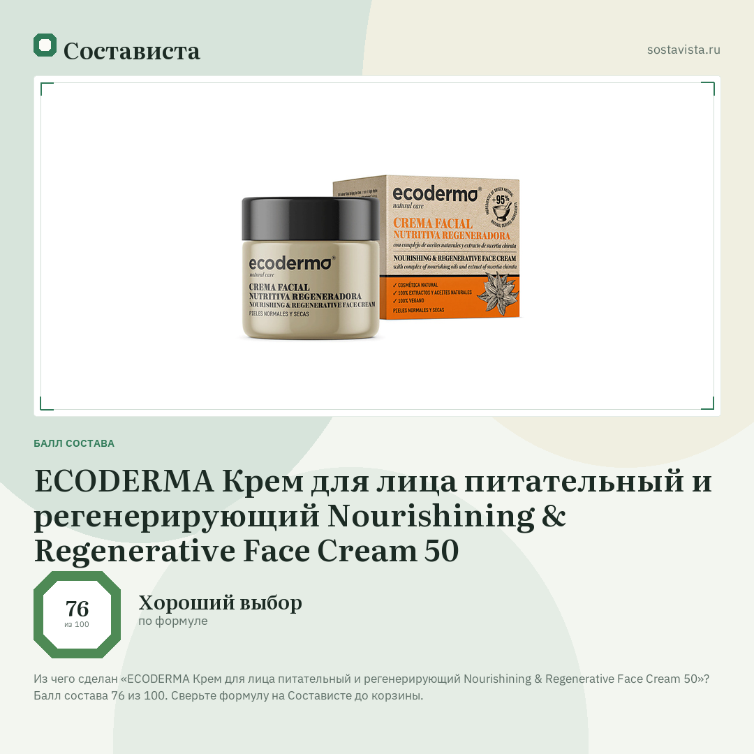 ECODERMA Крем для лица питательный и регенерирующий Nourishining & Regenerative Face Cream 50: балл состава 76 из 100 — Состависта