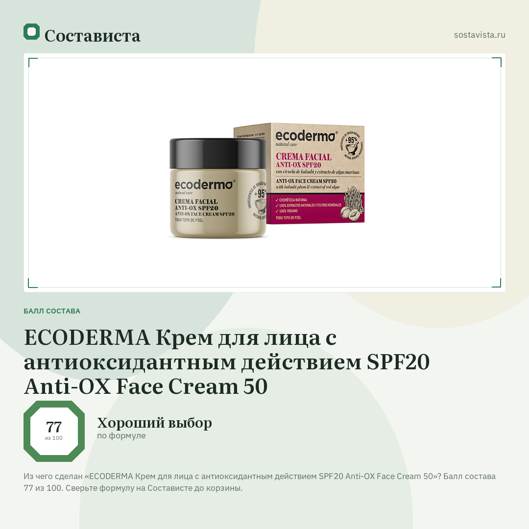 ECODERMA Крем для лица с антиоксидантным действием SPF20 Anti-OX Face Cream 50: балл состава 77 из 100 — Состависта