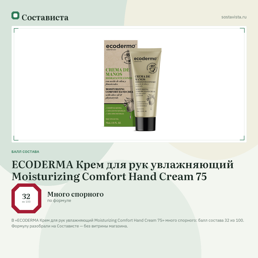 ECODERMA Крем для рук увлажняющий Moisturizing Comfort Hand Cream 75: балл состава 32 из 100 — Состависта