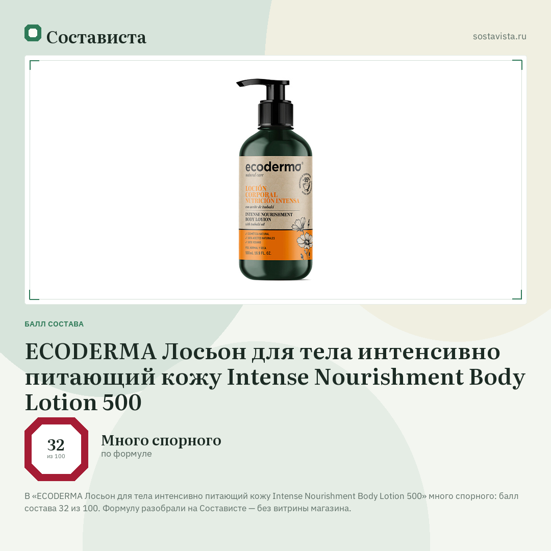 ECODERMA Лосьон для тела интенсивно питающий кожу Intense Nourishment Body Lotion 500: балл состава 32 из 100 — Состависта