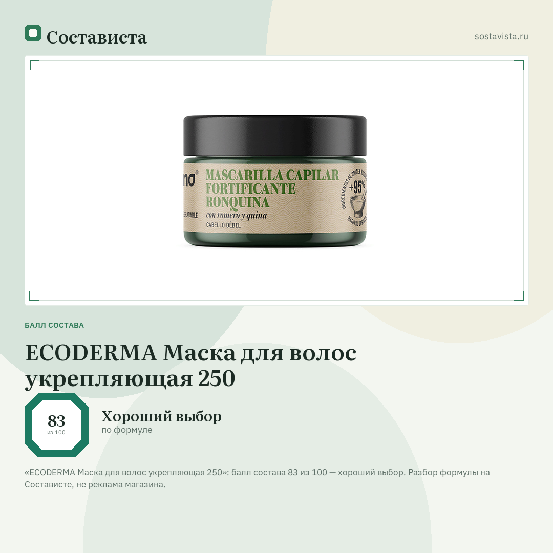 ECODERMA Маска для волос укрепляющая 250: балл состава 83 из 100 — Состависта