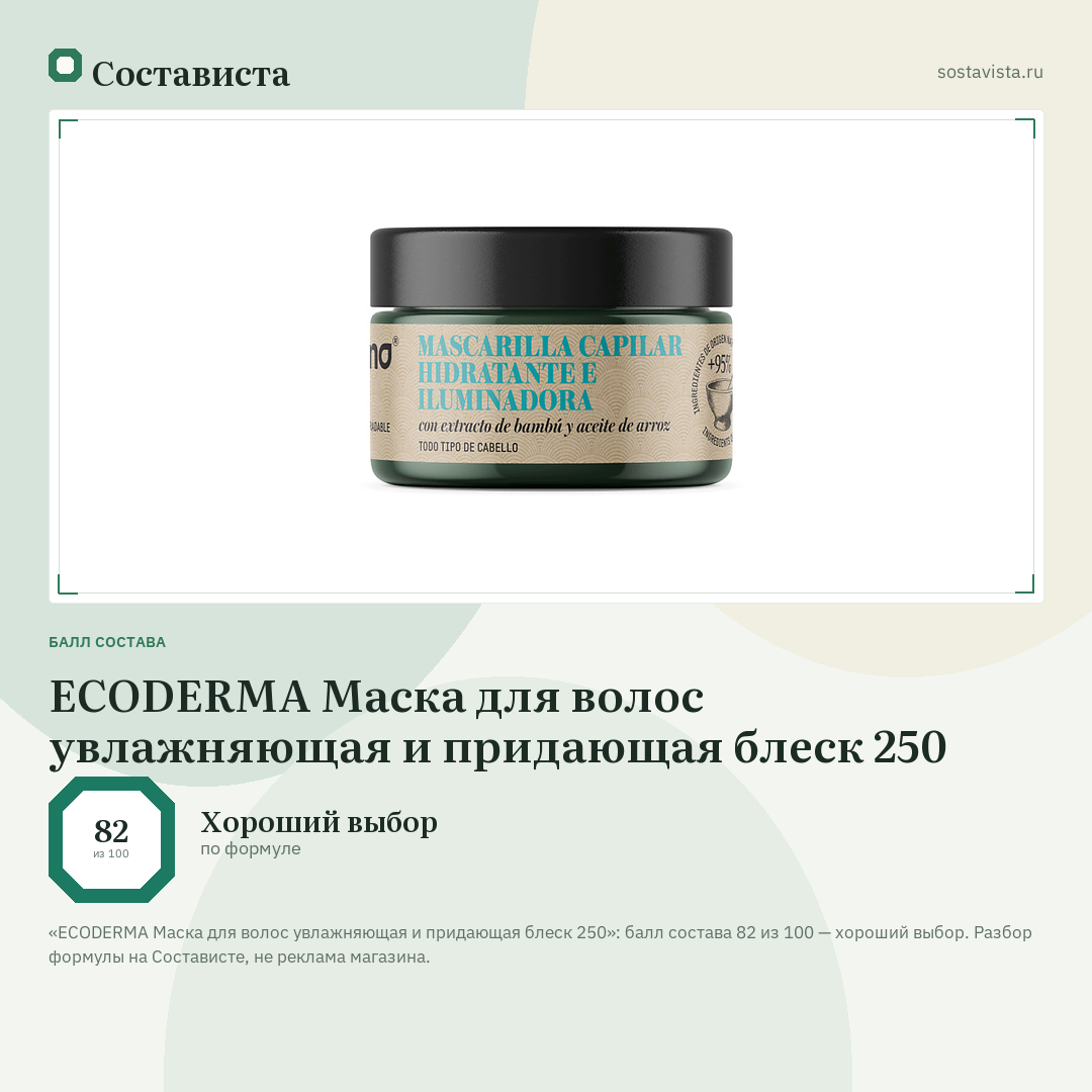 ECODERMA Маска для волос увлажняющая и придающая блеск 250: балл состава 82 из 100 — Состависта
