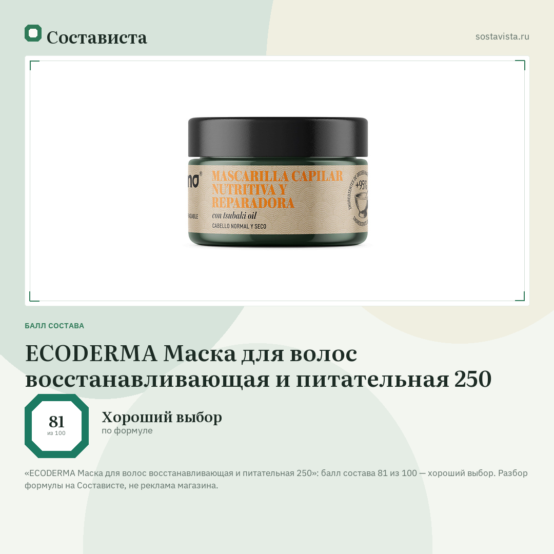 ECODERMA Маска для волос восстанавливающая и питательная 250: балл состава 81 из 100 — Состависта
