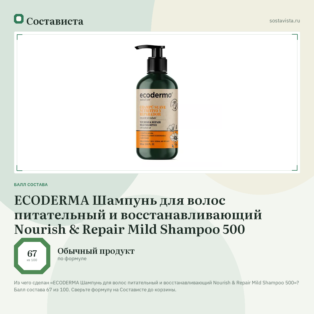 ECODERMA Шампунь для волос питательный и восстанавливающий Nourish & Repair Mild Shampoo 500: балл состава 67 из 100 — Состависта