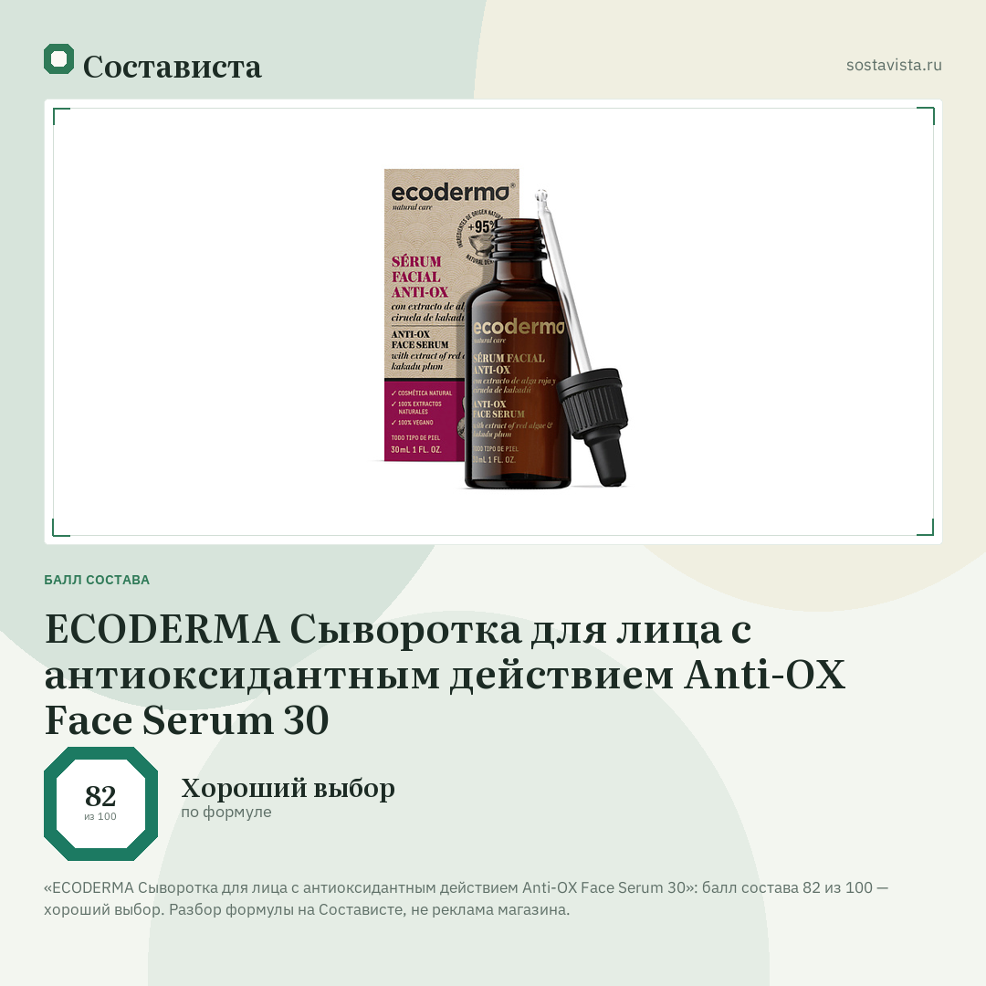 ECODERMA Сыворотка для лица с антиоксидантным действием Anti-OX Face Serum 30: балл состава 82 из 100 — Состависта