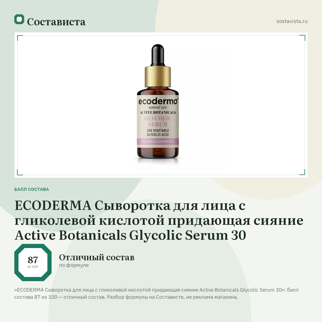 ECODERMA Сыворотка для лица с гликолевой кислотой придающая сияние Active Botanicals Glycolic Serum 30: балл состава 87 из 100 — Состависта