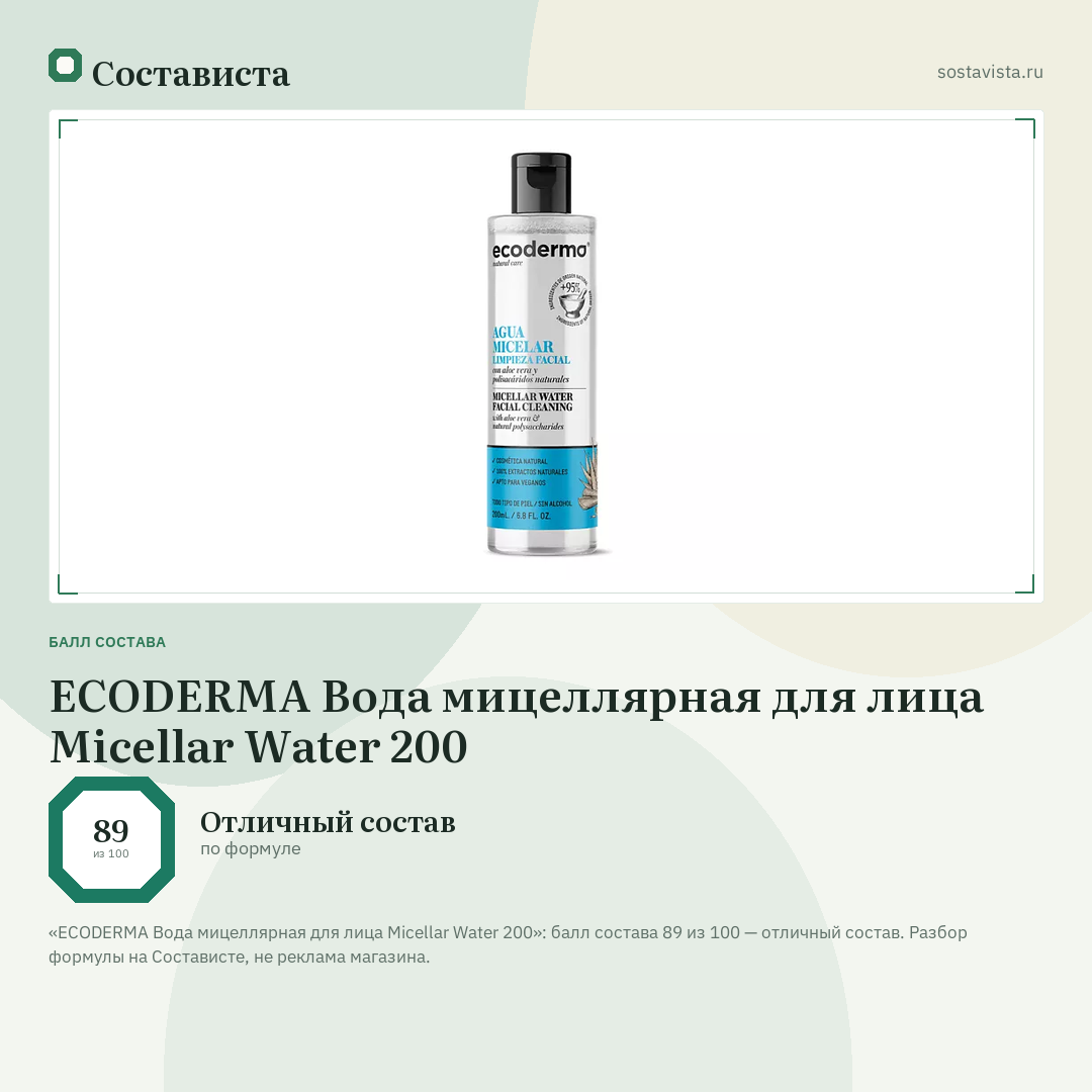 ECODERMA Вода мицеллярная для лица Micellar Water 200: балл состава 89 из 100 — Состависта