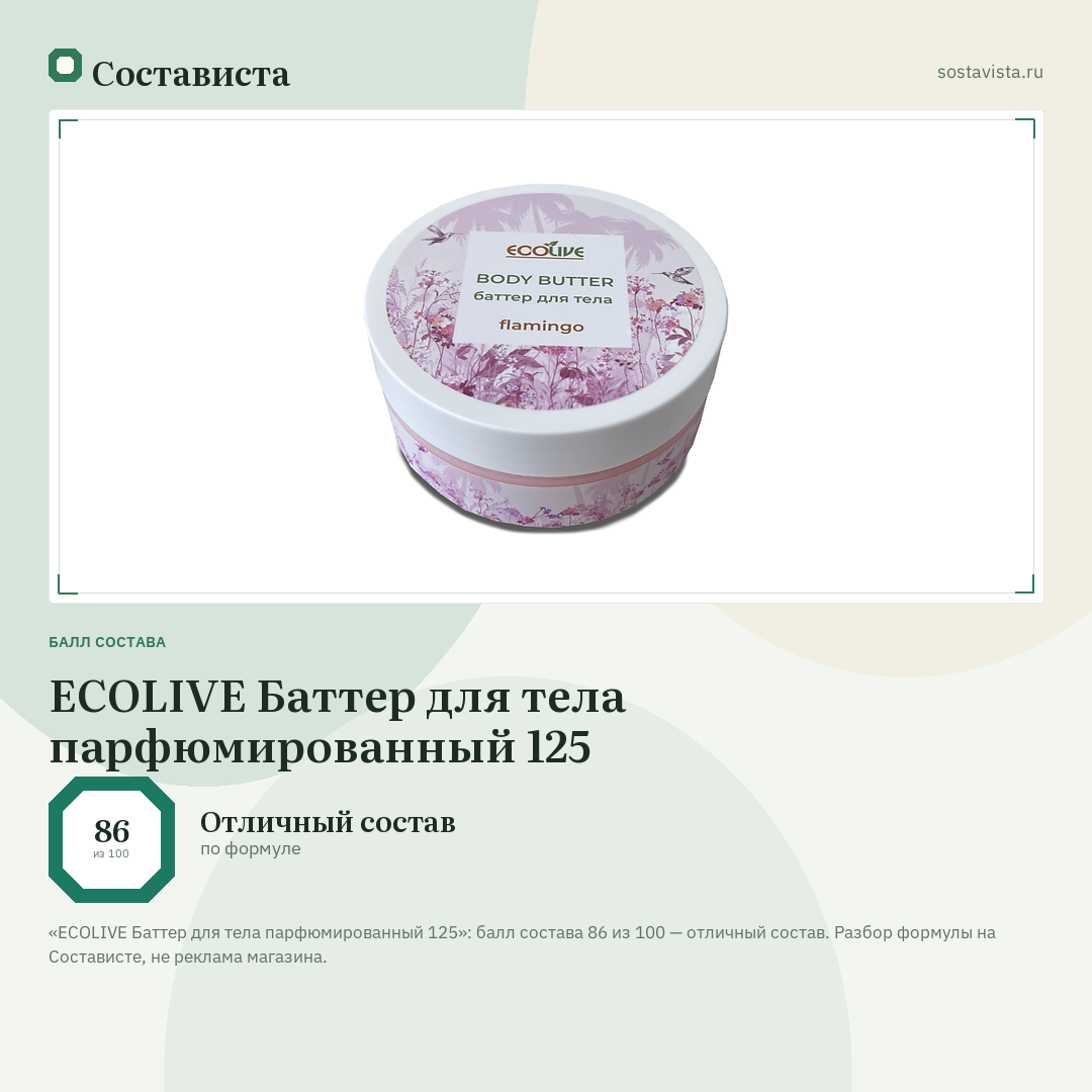 ECOLIVE Баттер для тела парфюмированный 125: балл состава 86 из 100 — Состависта