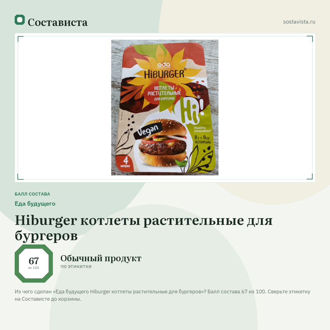 Еда будущего Hiburger котлеты растительные для бургеров: балл состава 67 из 100 — Состависта