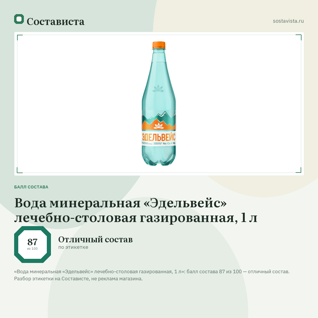 Вода минеральная «Эдельвейс» лечебно-столовая газированная, 1 л: балл состава 87 из 100 — Состависта