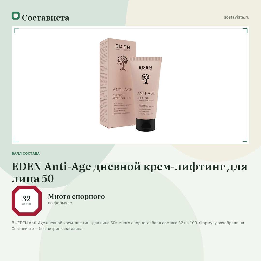 EDEN Anti-Age дневной крем-лифтинг для лица 50: балл состава 32 из 100 — Состависта