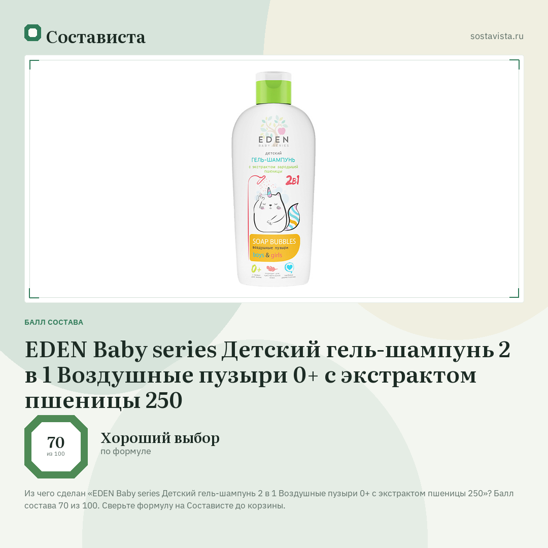 EDEN Baby series Детский гель-шампунь 2 в 1 Воздушные пузыри 0+ с экстрактом пшеницы 250: балл состава 70 из 100 — Состависта