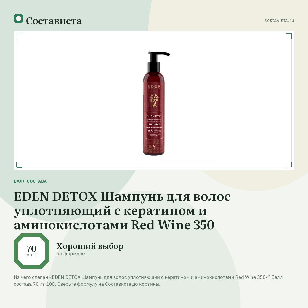 EDEN DETOX Шампунь для волос уплотняющий с кератином и аминокислотами Red Wine 350: балл состава 70 из 100 — Состависта