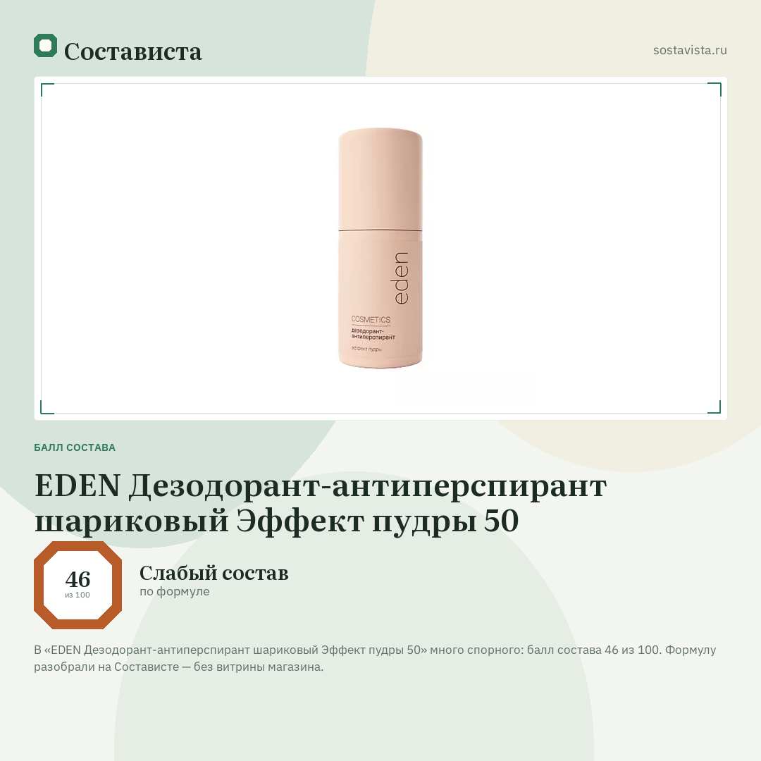 EDEN Дезодорант-антиперспирант шариковый Эффект пудры 50: балл состава 46 из 100 — Состависта