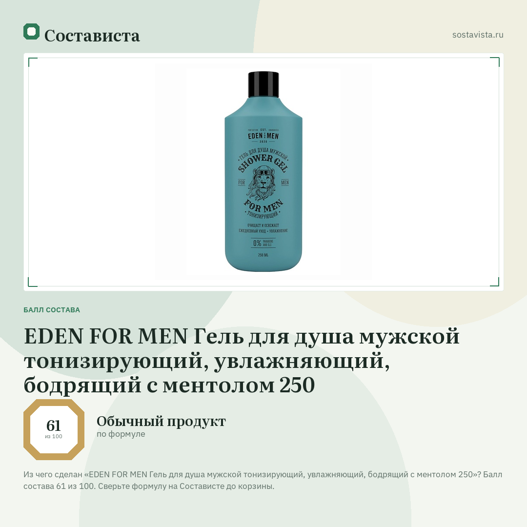 EDEN FOR MEN Гель для душа мужской тонизирующий, увлажняющий, бодрящий с ментолом 250: балл состава 61 из 100 — Состависта