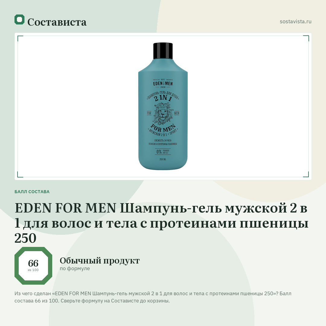 EDEN FOR MEN Шампунь-гель мужской 2 в 1 для волос и тела с протеинами пшеницы 250: балл состава 66 из 100 — Состависта