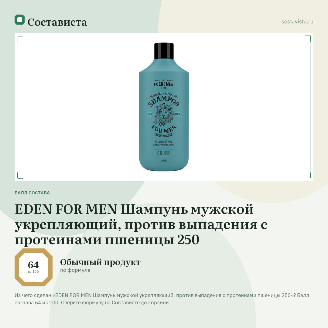 EDEN FOR MEN Шампунь мужской укрепляющий, против выпадения с протеинами пшеницы 250: балл состава 64 из 100 — Состависта